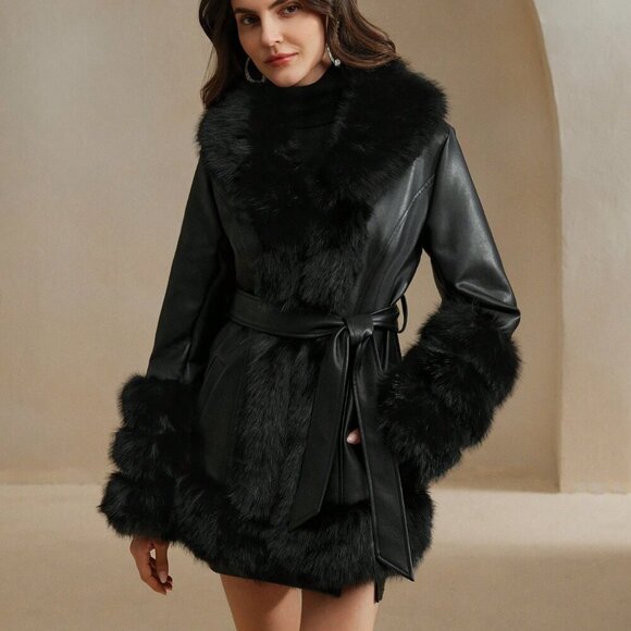 Black Elegant Women's faux leather,faux fur belted Jacket Coat - Picture 6 of 8